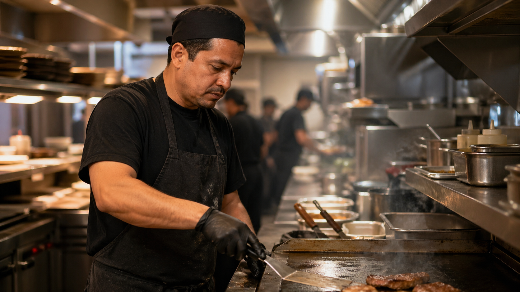 Food service worker in a restaurant kitchen